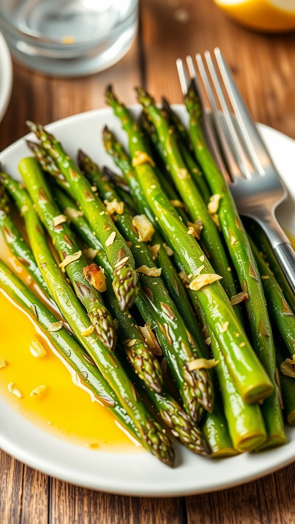 A plate of roasted asparagus drizzled with olive oil and lemon zest, garnished with garlic on a rustic table.